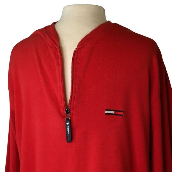 Tommy Hilfiger Jeans Mens Pullover Extra Large 1/4 Zip Red Cotton Long Sleeve - Picture 7 of 8